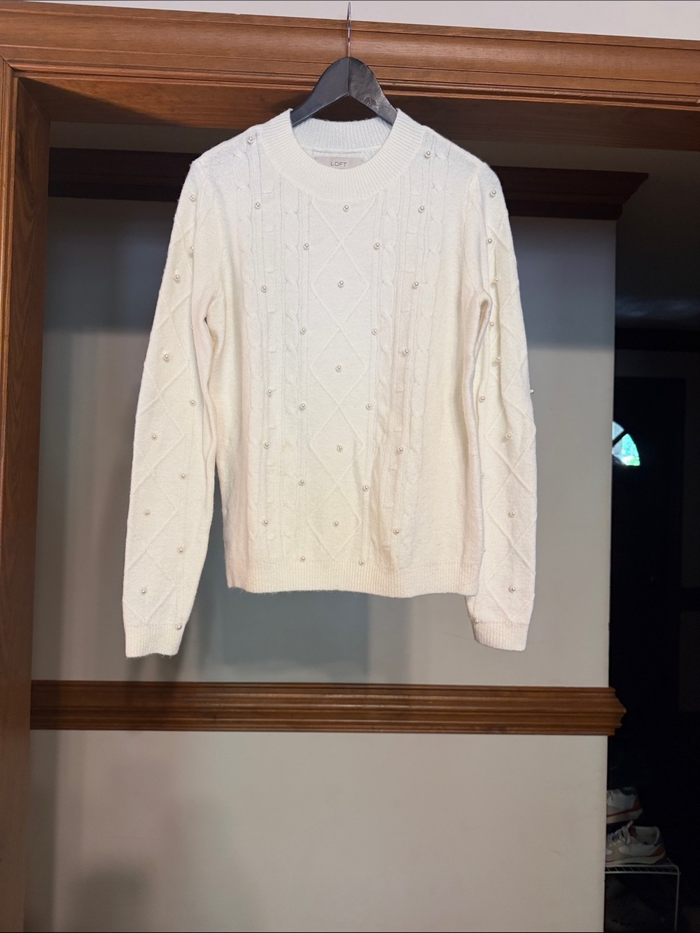 LOFT Cream Cable Knit Crewneck Sweater with Bead Details